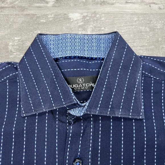 Bugatchi Navy w/ Light Blue Stripe Shirt M - Picture 2 of 3